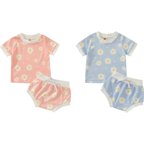 Kids Suit Set Girls Daisy Print O-Neck Short Sleeve Pullover+ Short Pants for Summer 0-24 Months