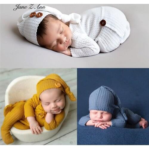 Infant twins newborn photography clothing baby soft button knitted long tail hat + one-piece suit studio shooting accessories