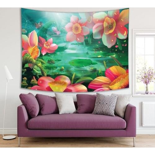 Tapestry River with Magical Flowers Plants Fairy Garden Forest Fantastic Cartoon Art Green Pink Yellow