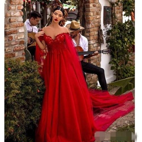 Red A Line prom Dresses Off Shoulder Lace Appliques Draped Tulle Red Carpet Dress with Cape Celebrity Gowns ogstuff robes de
