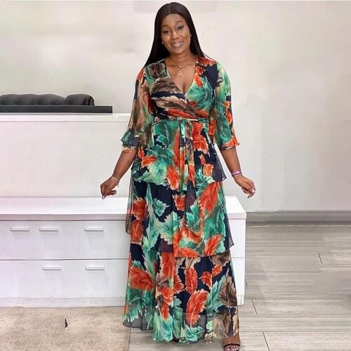 2021 Summer African Print Long Dresses Women Boho Ruffle Chiffon Gown Party Robes Abaya 3/4 Sleeve Dashiki Boubou Outfits