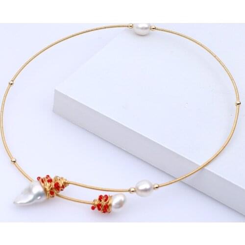 Free shipping 2020 red crystal baroque fireball real pearl freshwater cultured handmade gold necklace stretch choker hot sell
