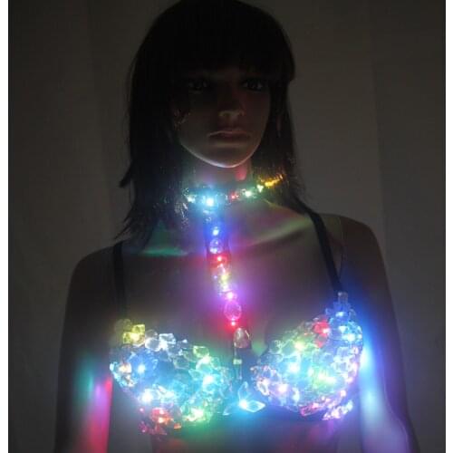 Sexy LED Bra Stage Bra colorful flash LED glow diamond underwear for singer dance Punk Club Stage Wear