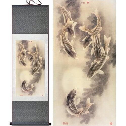 Fish painting Silk scroll paintings traditional art Chinese painting Fish picturePrinted painting