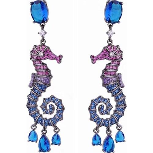 Cute Hippocampus Earrings New Fashion Water Drop Tassel Earring Brand Designer Cubic Zirconia Animal Stud Earrings Women Jewelry