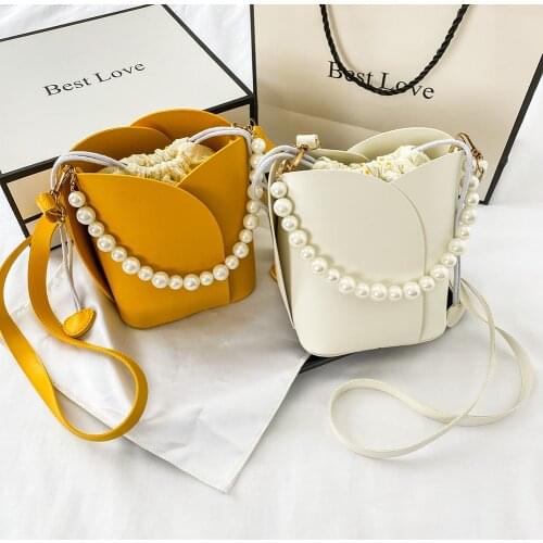 Fashion PU Leather Bucket Bags Women Casual Pearl Handle Drawstring Shoulder Messenger Pouch Portable Female Travel Handbags