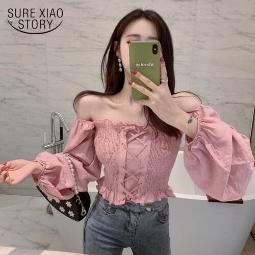 Girls Sweet Ruffles Slash Neck Full Lantern Sleeve Cropped Blouse Womens Solid Lace Up Ruffled Blouse Crop Top For Female 10160