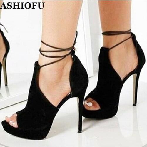 ASHIOFU Handmade Ladies High Heel Pumps X-shoelace Ankle Strap Club Dress Shoes Peep-toe Party Fashion Court Shoes