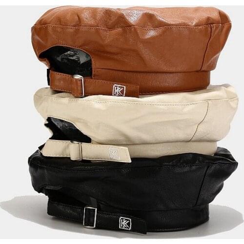 Pu leather beret femme for women KK letter embroidery painter beret hat