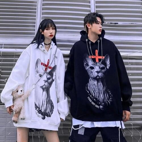 Autumn Winter Harajuku Couple Matching Hoodie Gothic Cartoon Cat Print Chain Hooded Sweatshirt Women Oversize Loose Pullover Top