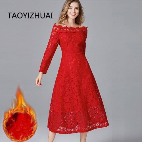 TAOYIZHUAI 2019 Winter Sexy Style Red Dress Plus Size XL Thicken Wool Slash neck Mid Calf Fit And Flare Female Long Dress 14216R