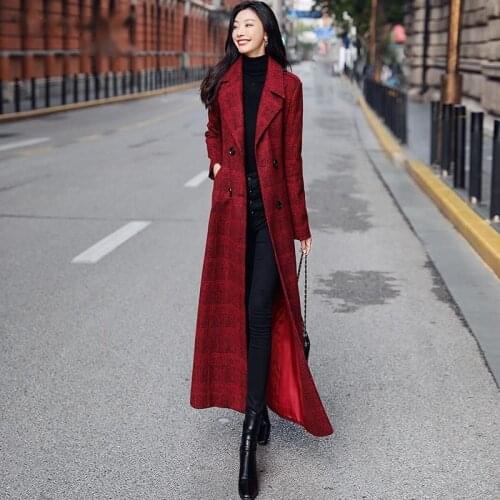Women Long Plaid Wool Trench Coat 2021 Autumn Winter Double Breasted Warm Woolen Coat Belt Female Vintage Slim Overcoat