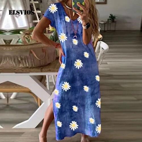 Elegant Butterfly Daisy Print Summer Dress Women 2020 Retro O Neck Short Sleeve Party Dress Lady A-Line Slit Long Dress Vestidos