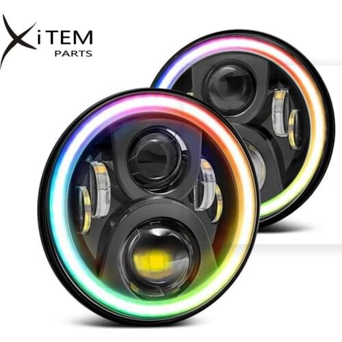 Car LED light 7'' RGB LED Headlight with Multicolor Angel Eyes Rings Hi/Low Beam DRL Headlamp