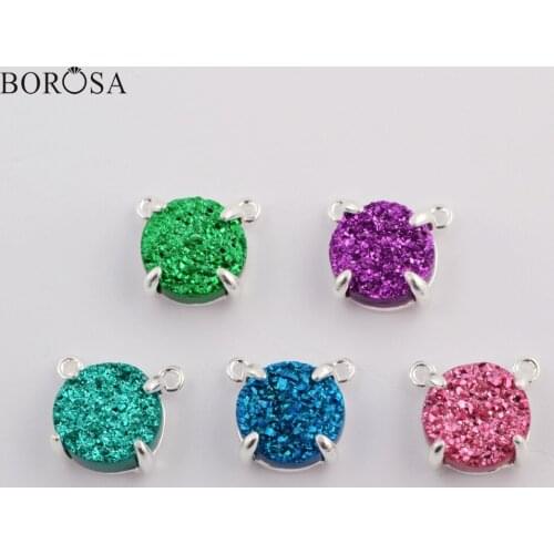 BOROSA Druzy Jewelry 10PCS Silver Color Claw 10mm Round Natural Agates Titanium Rainbow Druzy Connectors for Necklace ZS0413