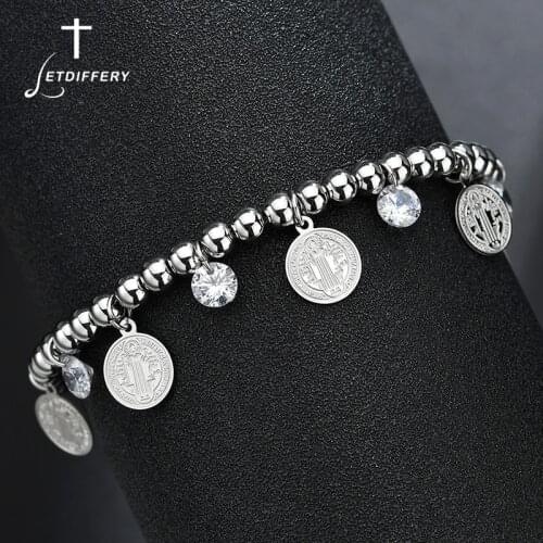 Letdiffery Religious CZ Stone Saint Benedict Pendant Bracelet Stainless Steel Adjustable Beads Strand Bracelet For Women Gift
