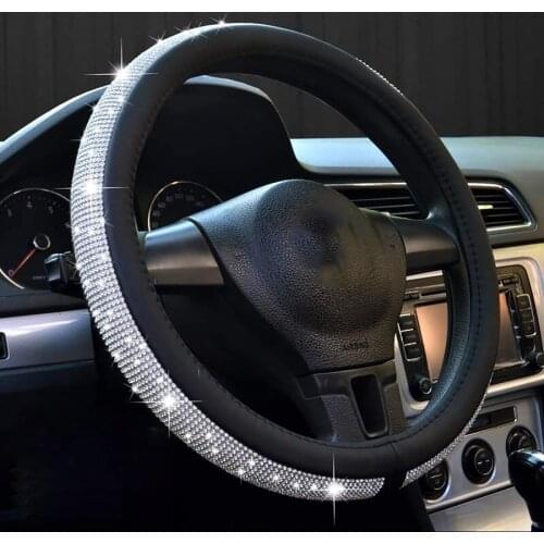 JEYODA Steering Wheel Cover Bling Bling Crystal Rhinestones Diamond Universal Fit 15 Inch Anti-Slip Leather Wheel Protector
