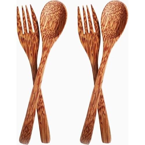 Wooden Spoons Fork Wood Coconut Palm for Shell Bowl Spoon for Eating Mixing Stirring Long Spoon with Kitchen Utensil