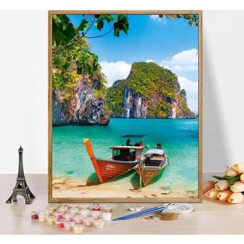 CHENISTORY Pictures By Number Boat Landscape For Kids Adult Seaside Kits Diy Frame Modern Drawing On Canvas Handpainted Art Gift