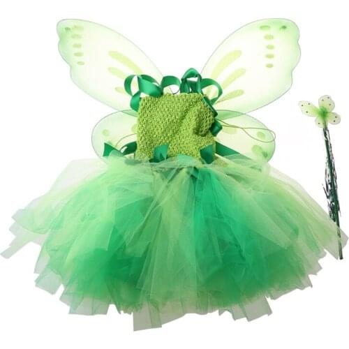 Princess Girls Elf Costume Set Bright Neon Green Tutu Dress Fairy Wand Patrick Day Carnival Cosplay Outfits