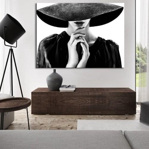 Black and White Fashion Hat Woman Minimalist Canvas Paintings Girls Prints Posters Bedroom Wall Pictures Living Room Decoration