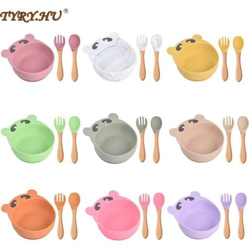 TYRY.HU 1set Silicone Bear Feeding Bowl Set Food Grade Feeding Tableware Waterproof Spoon and fork Non-Slip BPA Free With sucker