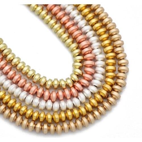 Natural Matte Gold Silvers Flying saucer Hematite Stone Flat Round Spacers charm Loose Beads For Jewelry Making 4mm Diy Bracelet