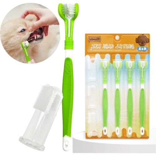 New Pet Toothbrush Kit Dental Care Three Heads Dog Toothbrush Finger Toothbrush Teeth Care Dog Cat Cleaning Mouth Dog Toothbrush