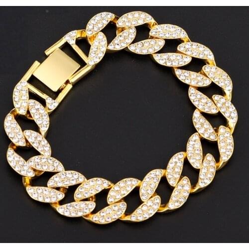 NEW Hip Hop Bling Iced Out Mens Rapper Bracelet Full Rhinestone Pave Miami Cuban Link Chain Bracelet for Men Jewelry A