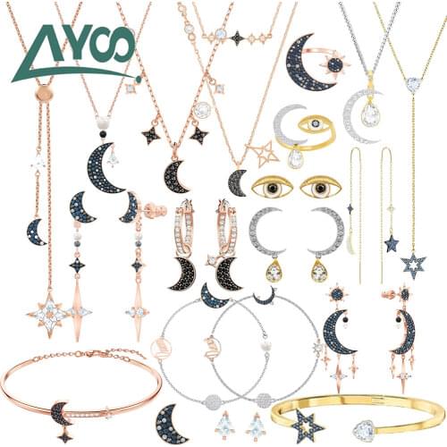 SWA Original Fashion Jewelry Charming Beautiful Star and Moon Pendant Earrings Necklace Bracelet Set Romantic Gift For Women