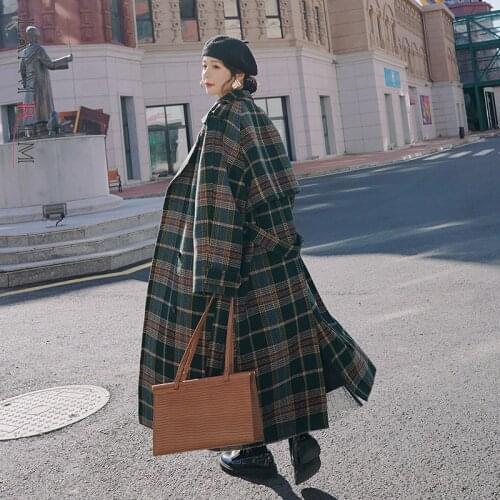 LANMREM green plaid British style over knee all-match fashion warm single-breasted winter woolen coat for women fashion 2A1583