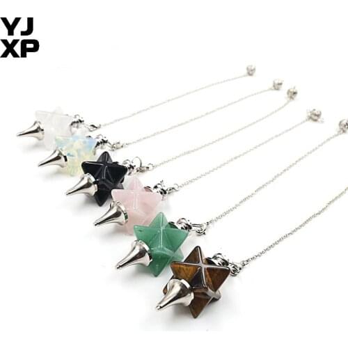 YJXP Crystal Merkaba Pendulum Natural Stone Rose Pink Quartzs Link Chain Dowsing Pendants Wicca Divination Jewelry