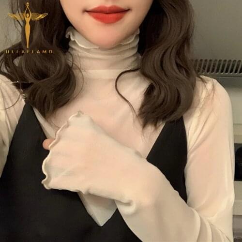 Perspective Turtleneck Female T Shirt Long Sleeve Mesh Tops T Shirt Korean Clothing Casual Elegant Office Lady Tee Women Shirts