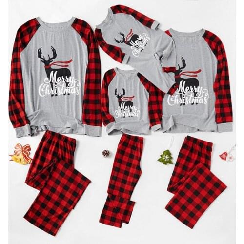 Christmas Clothes Pajamas Christmas Parent-child Long-sleeved Top Printed Elk Stitching Plaid Pants Suit Home Service Pajamas