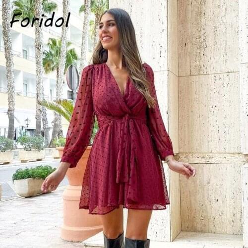 Foridol Polka Dot Wine Red Chiffon Dress Women Long Sleeve Spring Summer Short Beach Dress Casual V Neck Sash Bowknot Dress 2021