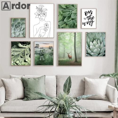 Scandinavian Green Leaf Succulent Plant Poster And Print Forest Deer Canvas Painting Abstract Women Line Draw Picture Home Decor