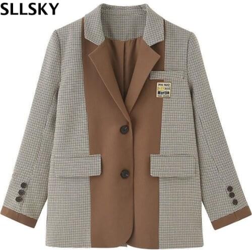 SLLSKY Fashion Chic Women Patchwork Blazer Single Breasted New Suit Jacket Autumn Loose Plaid Ladies Notched Collar Suit Blazer