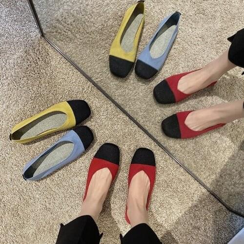 Women Slip On Flat Loafers Square Toe Shallow Ballet Flats Shoes knitting Casual Flat Shoes Ballerina Patchwork Flats 2020 NEW
