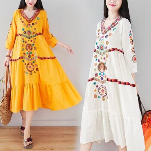 Vintage Boho Dress Bohemian Holiday Women Floral Embroidery Beach Dresses 2020 Spring Bohemian Dress For Women Vestidos DD2486