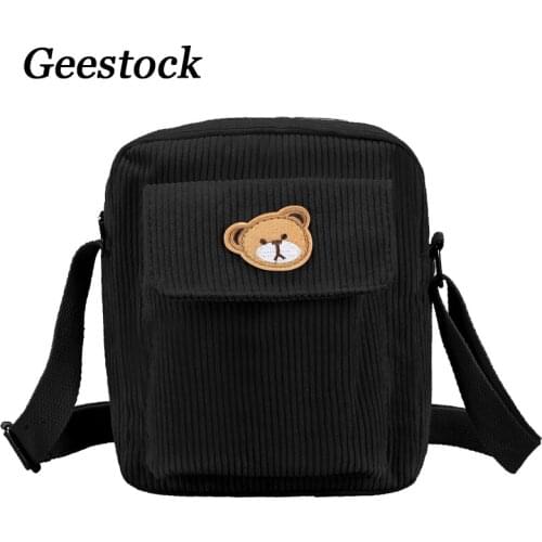 Geestock Female Bag Corduroy Cartoon Bear Canvas Handbag Fashion All-Match Messenger Bag Ladies Mini Wallet Casual Shoulder Bag