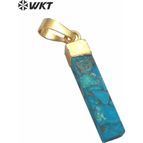 WT-P1453 WKT Gold Electroplated Rectangle Cylindrical Blue Vein Turquoises Pendant Women Fashion Necklace Pendant Jewelry