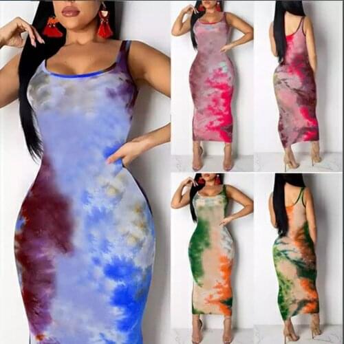 Women Tank Sleeveless Tie Dye Slim Fit Summer Casual Evening Party Beach Dress Ladies BOHO Long Maxi Sundress Plus Size