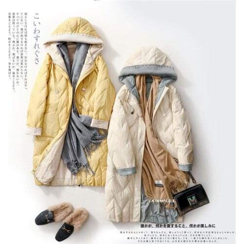 Winter Women Oversize 90% Down Jacket Long Down Coats Knitted Hat Stitching Hooded Women Down Coat Black Blue Korean Casual