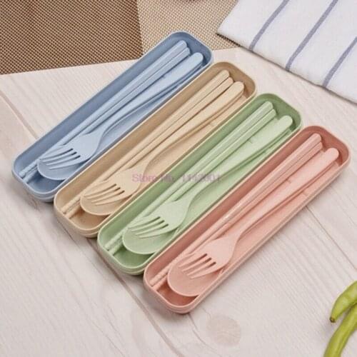 100set Travel Cutlery Portable Cutlery Box Wheat Straw Knife Fork Spoon Students Dinnerware Sets Kitchen Tableware
