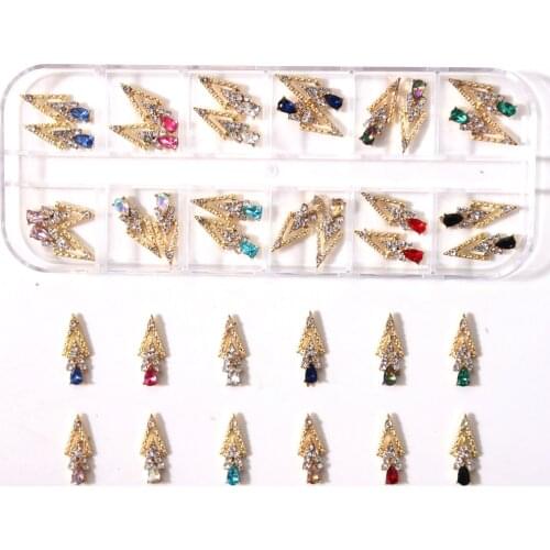 24pcs 7*18mm Nail Art Rhinestones Ancient Metal Charms-3D V Shape Jewley With Zircon Nail Tips Alloy Manicure Accesoires