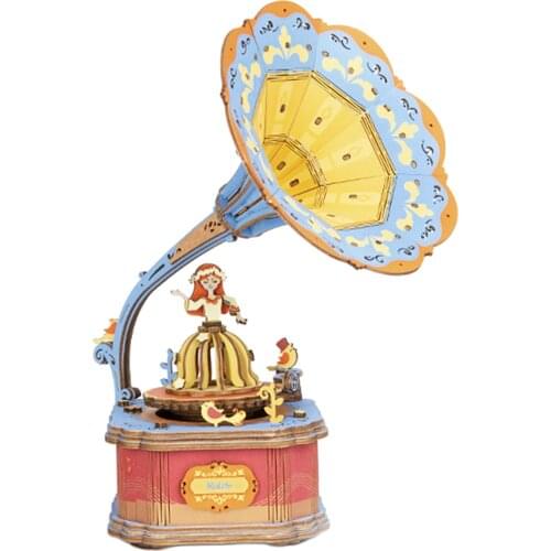 3D Wooden Puzzles for Adults DIY Music Box Model Kits to Build Colorful Rotating Craft Kits (Vintage Gramphone)