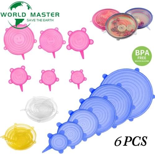 6Pcs/Set Universal Kitchen Wrap Seal Fresh Keeping Silicone Caps Reusable Elastic Stretch Adjustable Silicone Food Cover