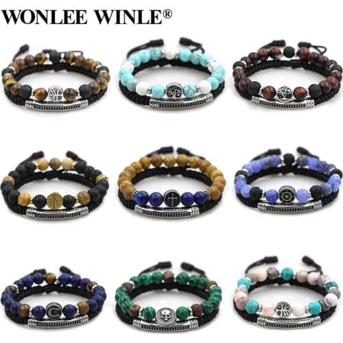 8mm Natural Stone Bead Bracelet Sets Stainless Steel Double Side Tree of Life Round Charm Bracelet Jewelry for Men Women Gifts