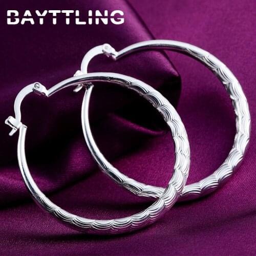 BAYTTLING 925 Sterling Silver 40MM Round Wave Pattern Hoop Earrings For Woman Lady Luxury Christmas Gift Engagement Jewelry