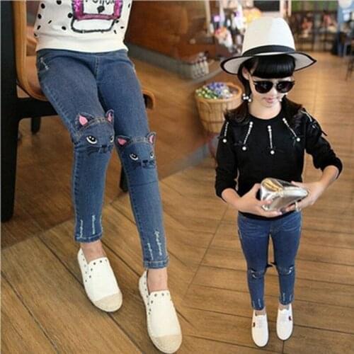 Hot Quality 2021 Girls Jeans for Spring and Autumn Childrens Clothing Kids Cat Embroidered Jeans 2-12 Ages Blue Girl jeans kids